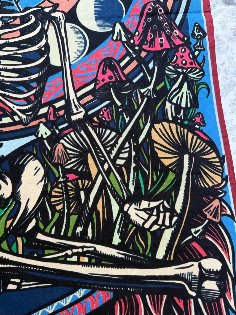 Psychedelic Skeleton & Mushroom Tapestry - Blue and Pink 0162